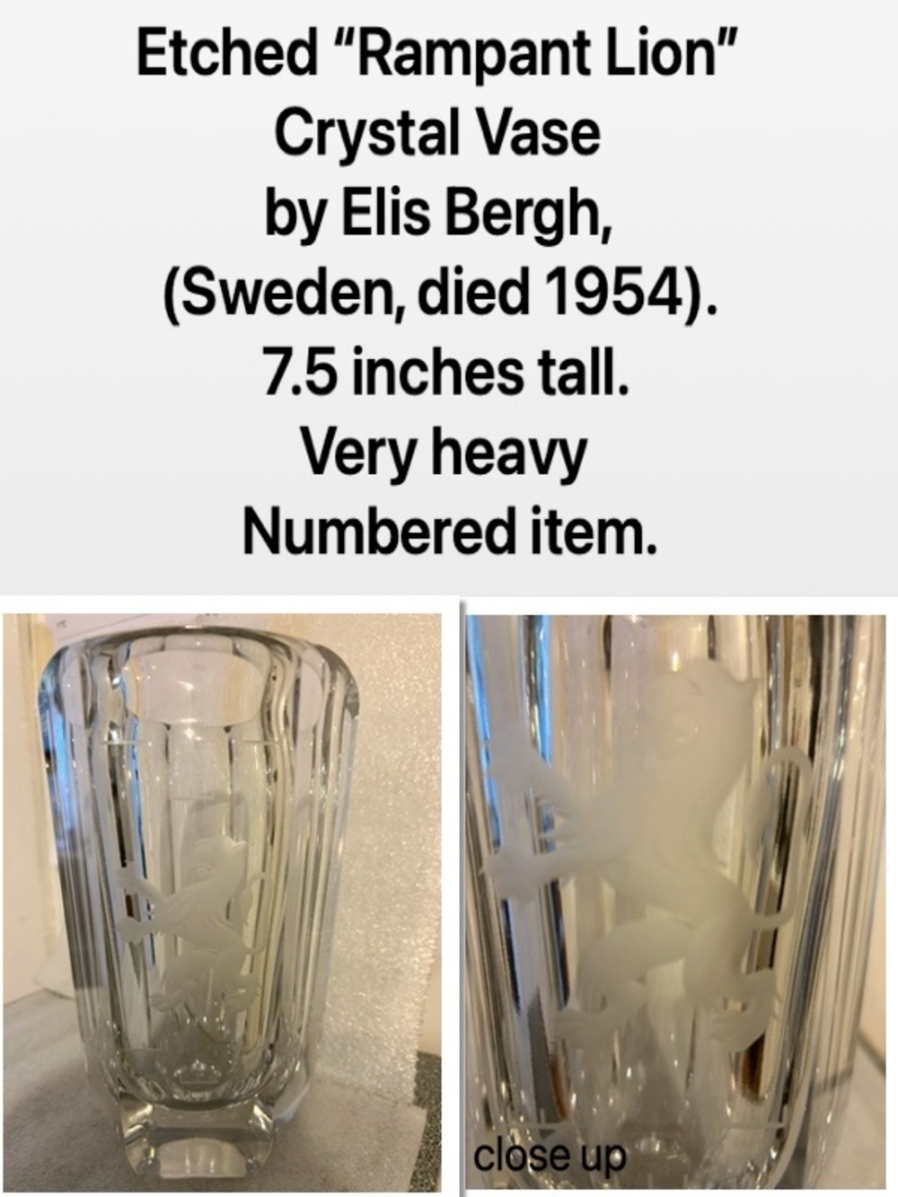 Etched Lion Crystal Vase - Clear